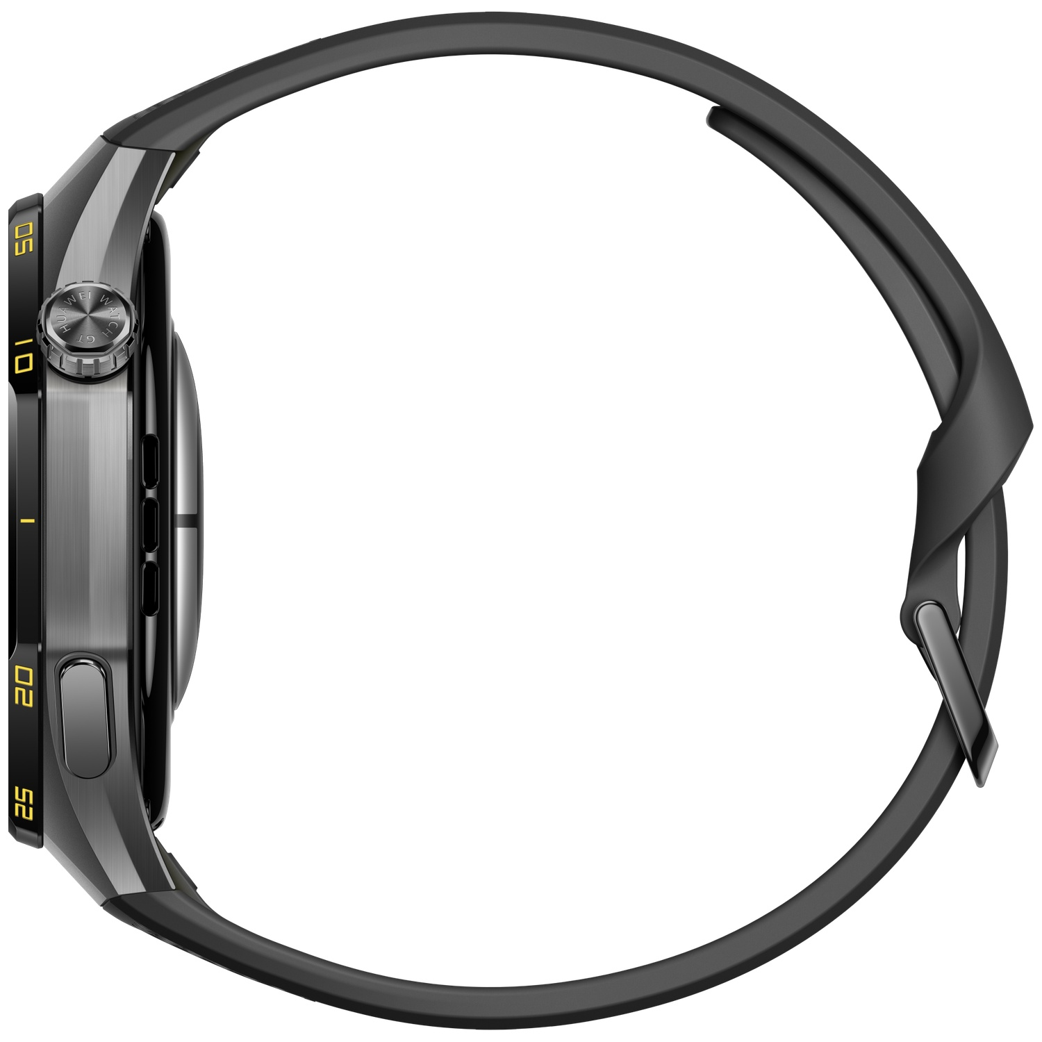Side view of a black smartwatch with a crown button and strap on a white background.