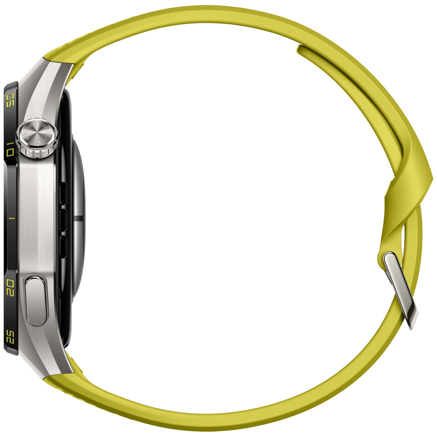 Side view of a smartwatch with a silver case, black bezel, and a bright yellow silicone strap on a white background.