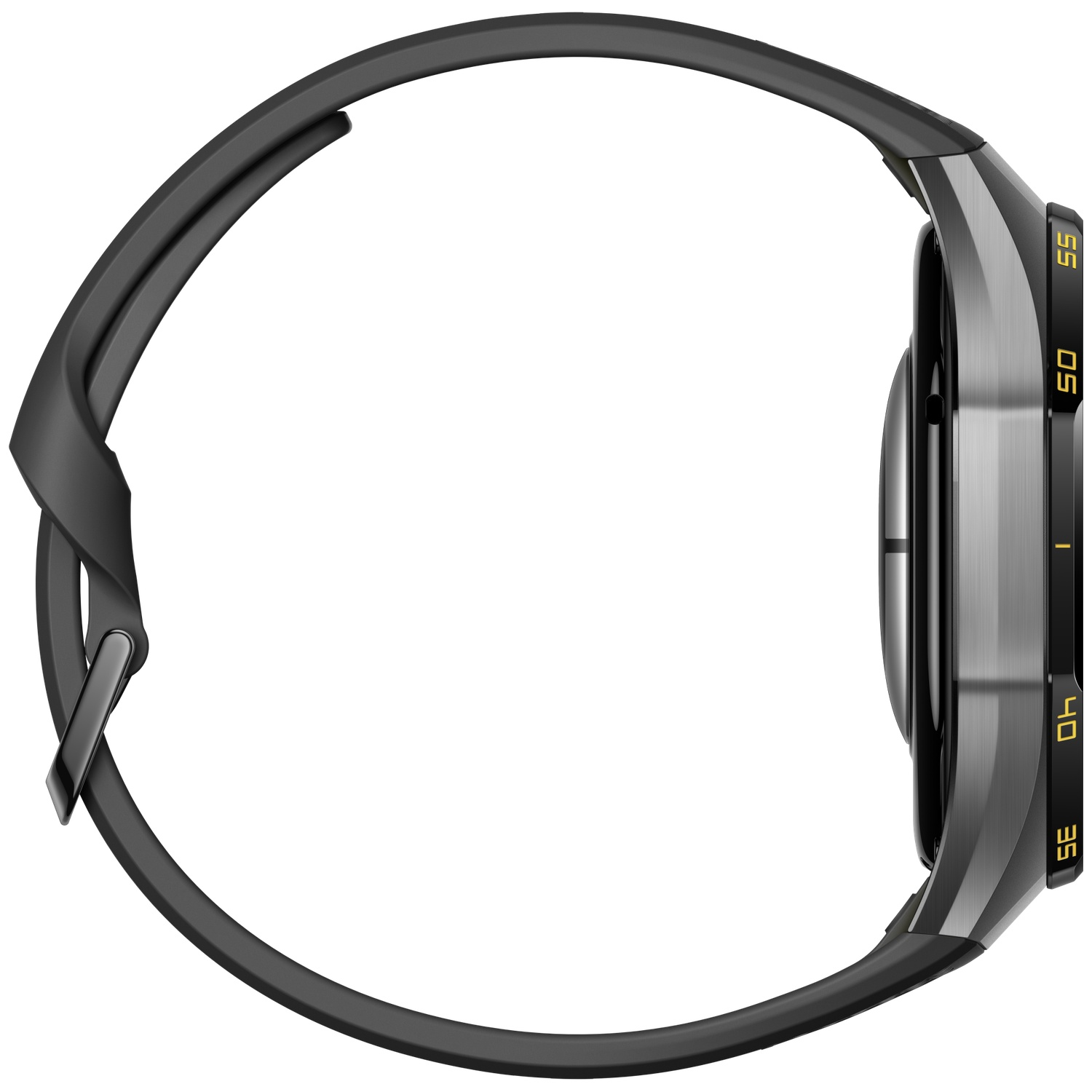 Side view of a black smartwatch with metal casing, black silicone strap, and yellow numbers on the bezel.