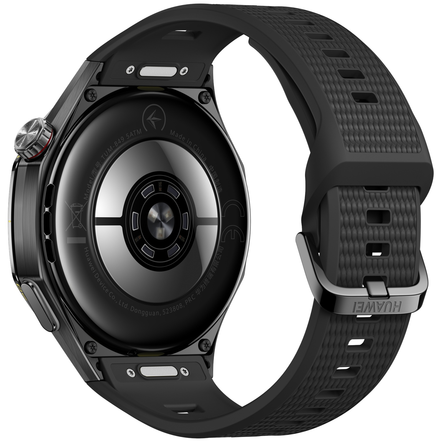 Back of a black smartwatch with a sensor glass and a textured silicone strap featuring the Huawei logo.