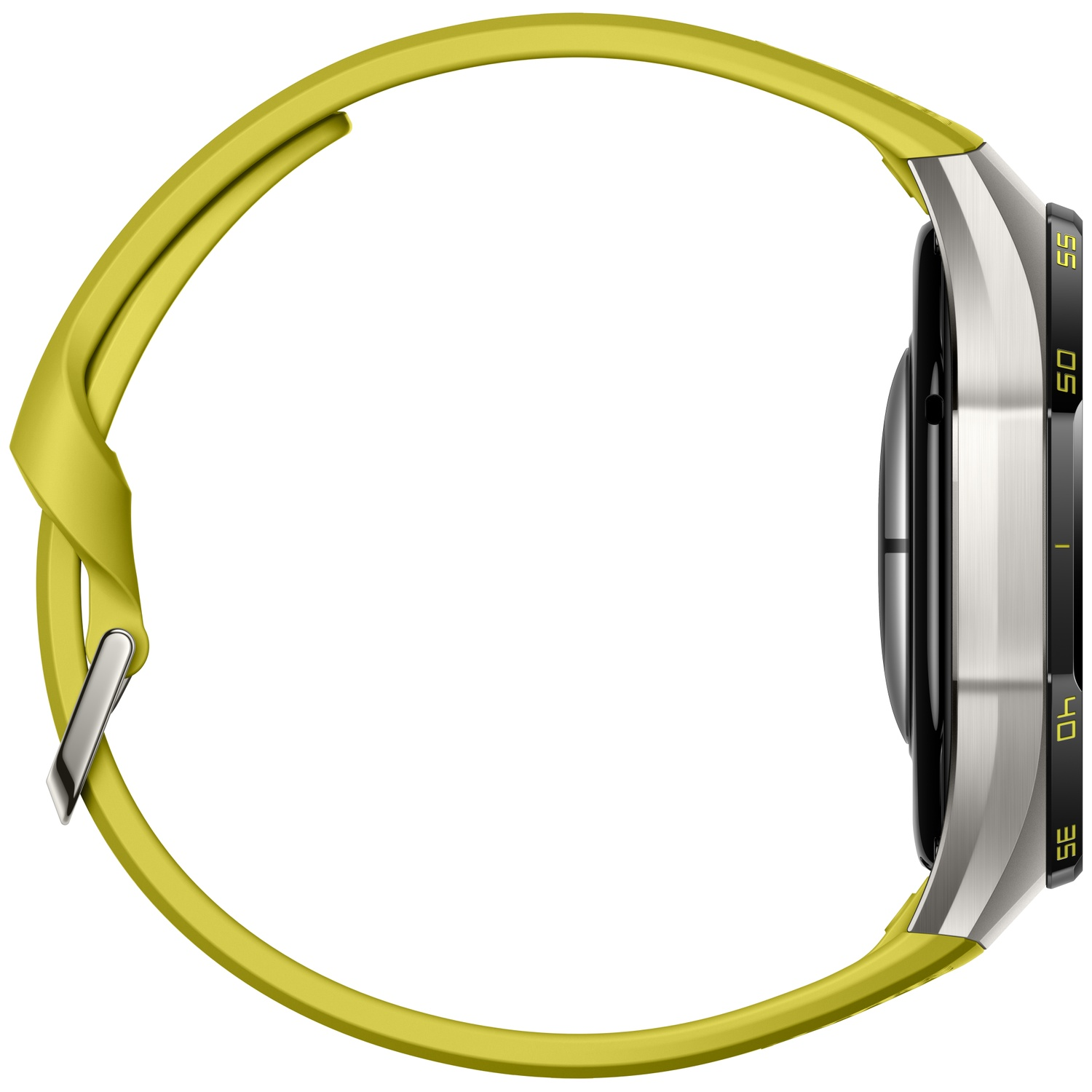Side view of a smartwatch with a yellow band, silver case, and black dial against a white background.