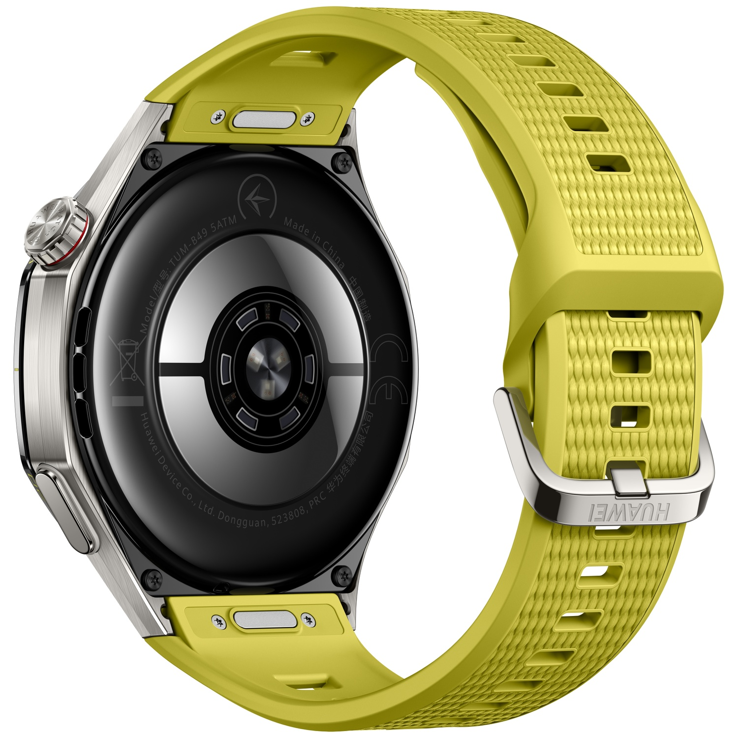 Back of a silver smartwatch with a black case and textured yellow silicone strap on a white background.