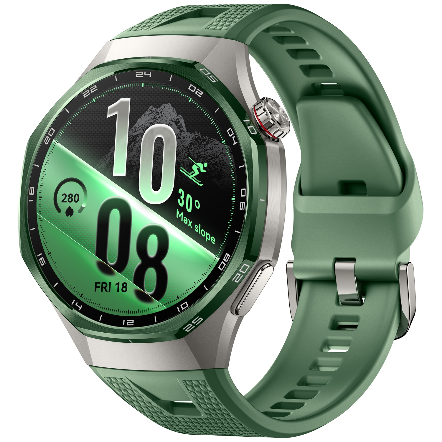 A green smartwatch with a silver case, textured silicone strap, and digital display against a white background.