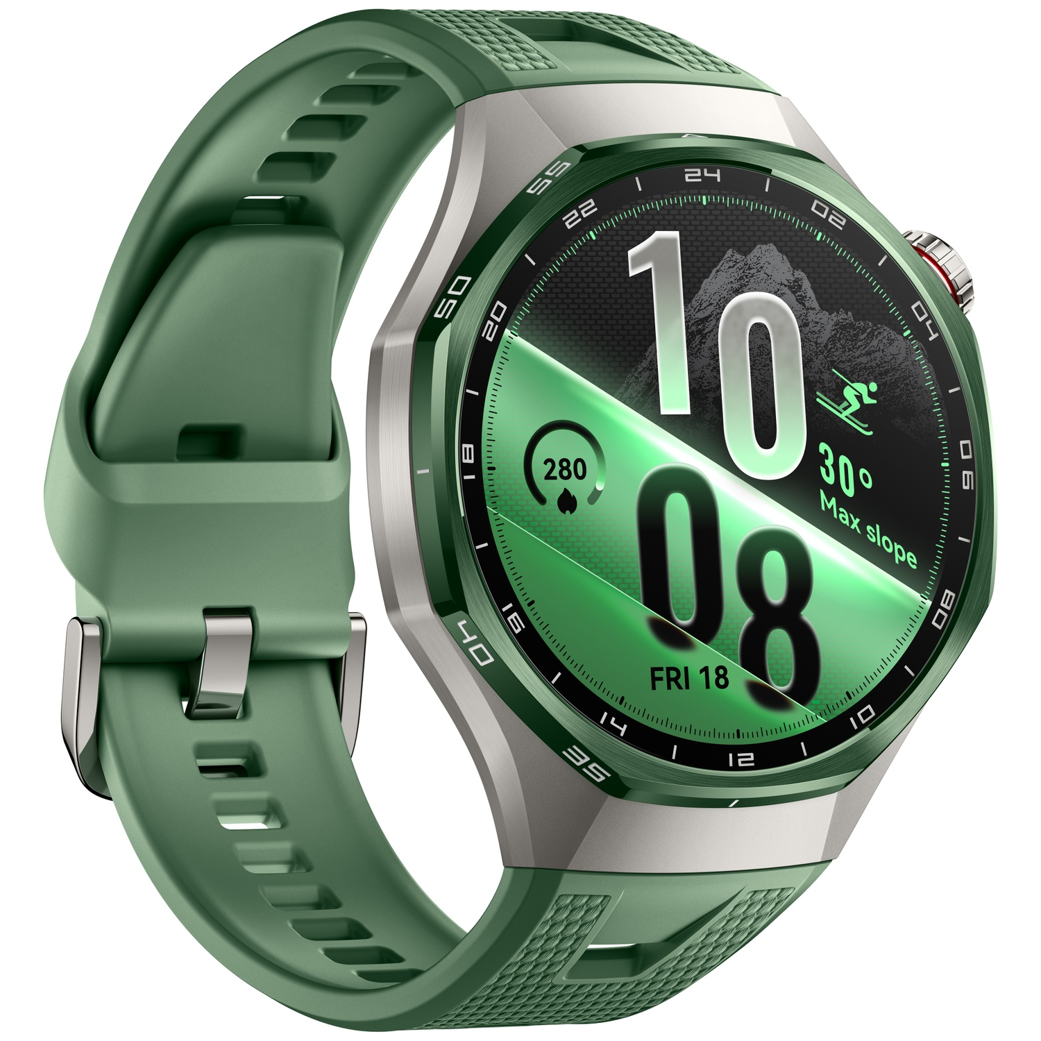 A green smartwatch with silver casing, green silicone strap, and a digital watch face showing a skier icon.