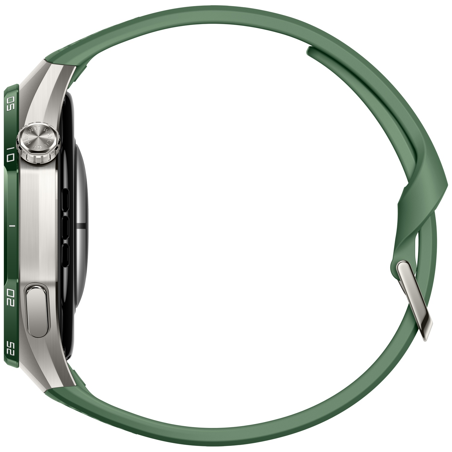 Side view of a green smartwatch with a silver case and green strap.