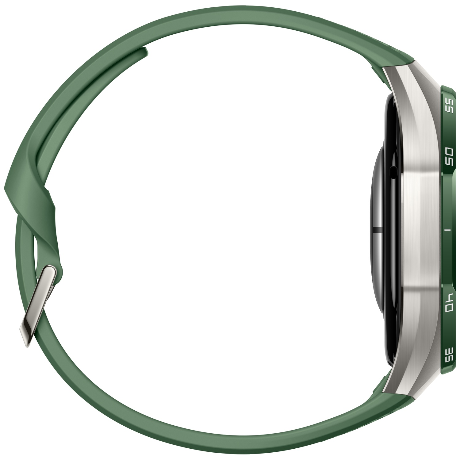Side view of a smartwatch with a green strap and silver case.