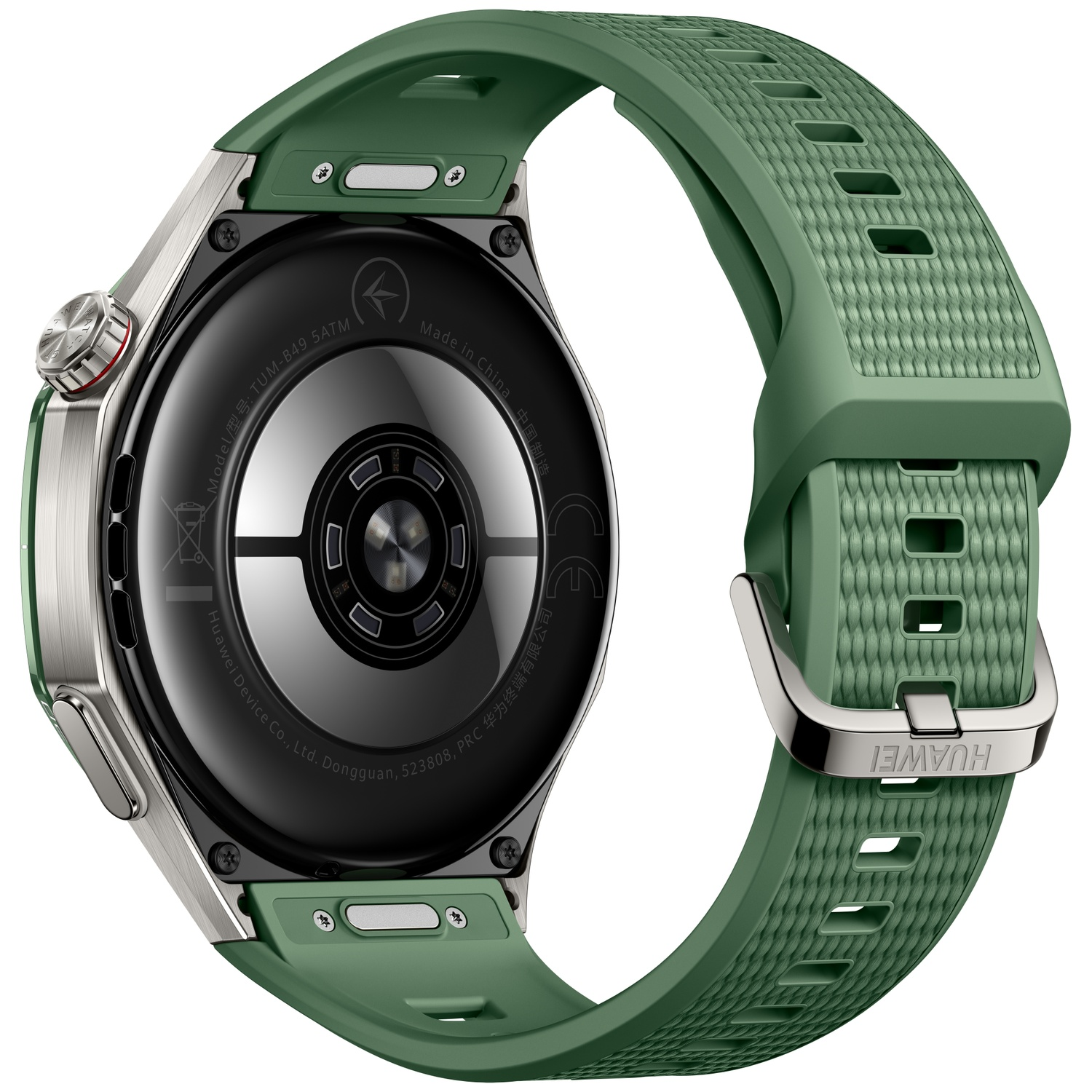 Rear view of a smartwatch with a green textured strap and silver case on a white background.
