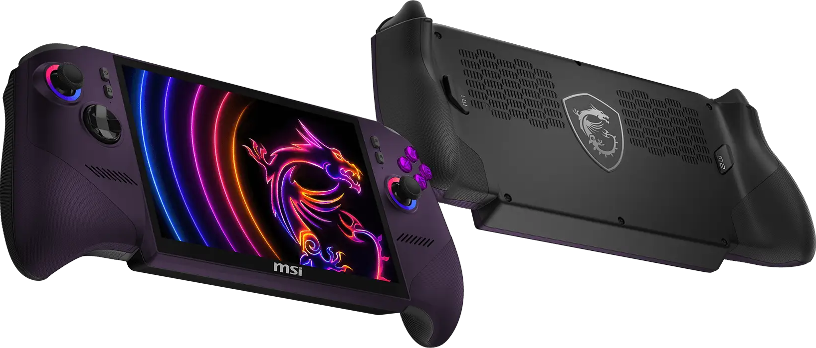 Viste anteriore e posteriore di una console di gioco portatile MSI viola e nera con uno sfondo drago colorato.