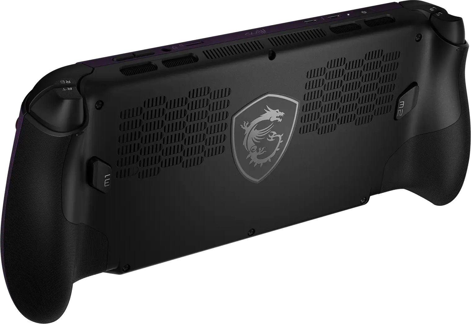 Retro della console portatile MSI Claw con griglie di ventilazione e logo del drago.