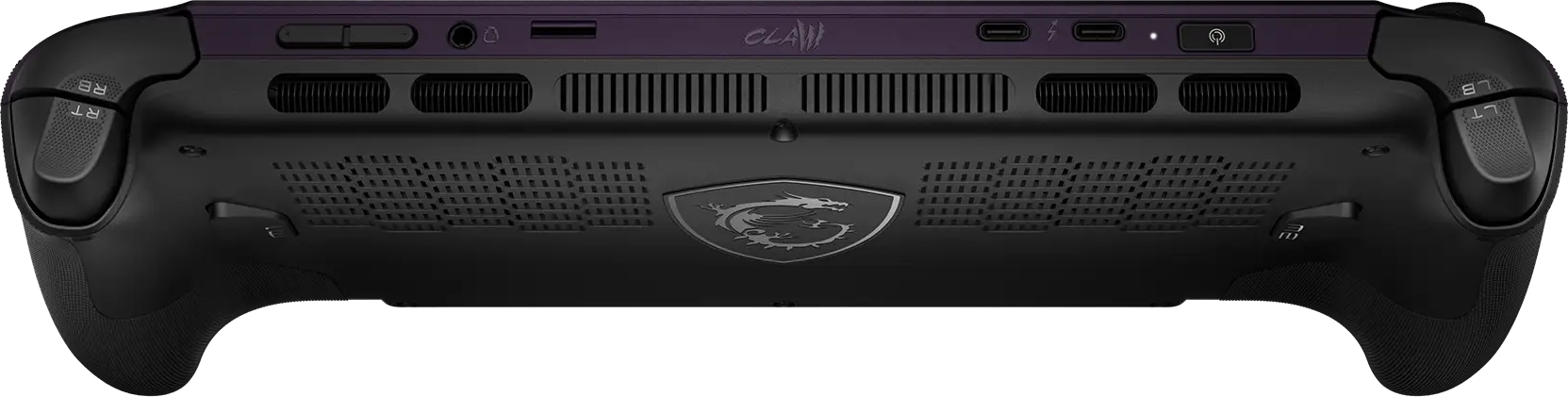 Vista posteriore di una console portatile con griglie di ventilazione, pulsanti e il logo del drago MSI.