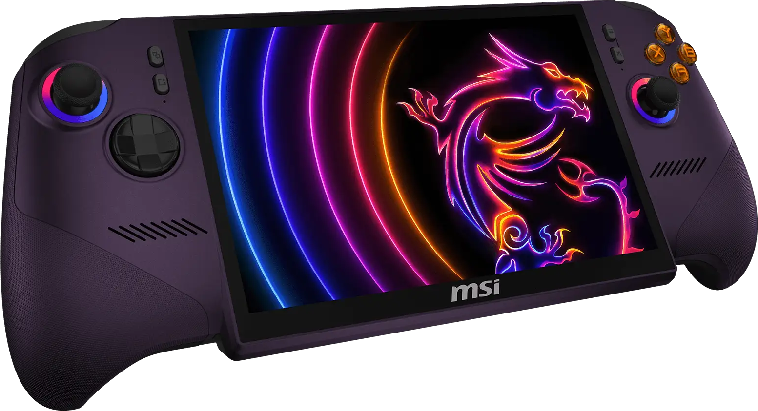 Console di gioco portatile viola con un logo del drago luminoso e cerchi al neon colorati sullo schermo.