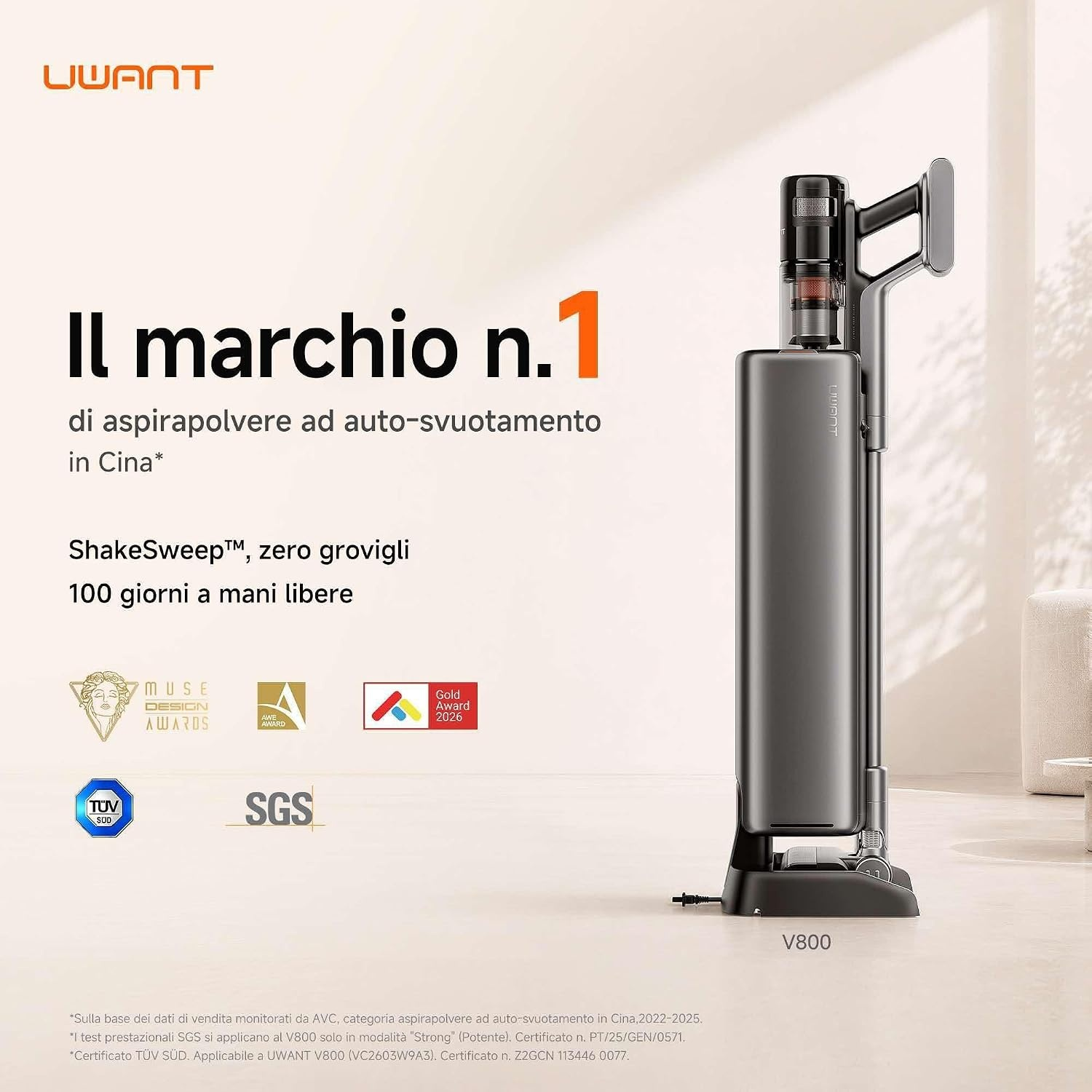 Aspirapolvere grigio UWANT V800 con stazione su sfondo beige, con testo in italiano e premi.