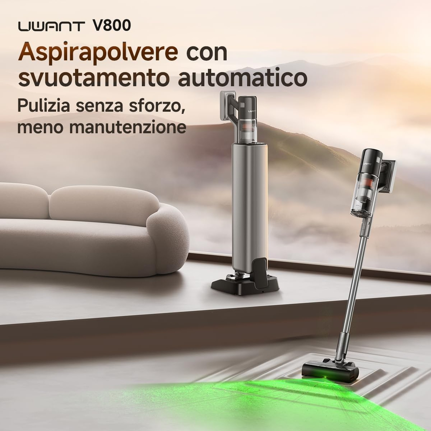 Aspirapolvere senza fili con stazione di svuotamento in una stanza moderna con vista montagna e testo.