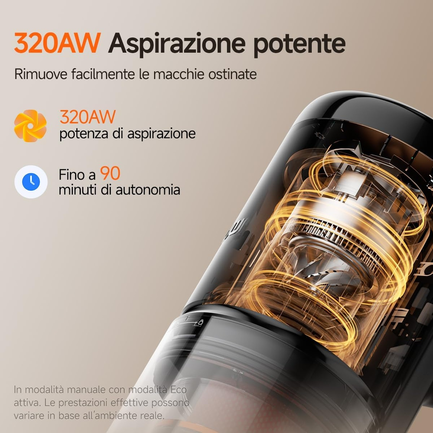 Aspirapolvere con una potente potenza di aspirazione di 320 AW e 90 minuti di autonomia.