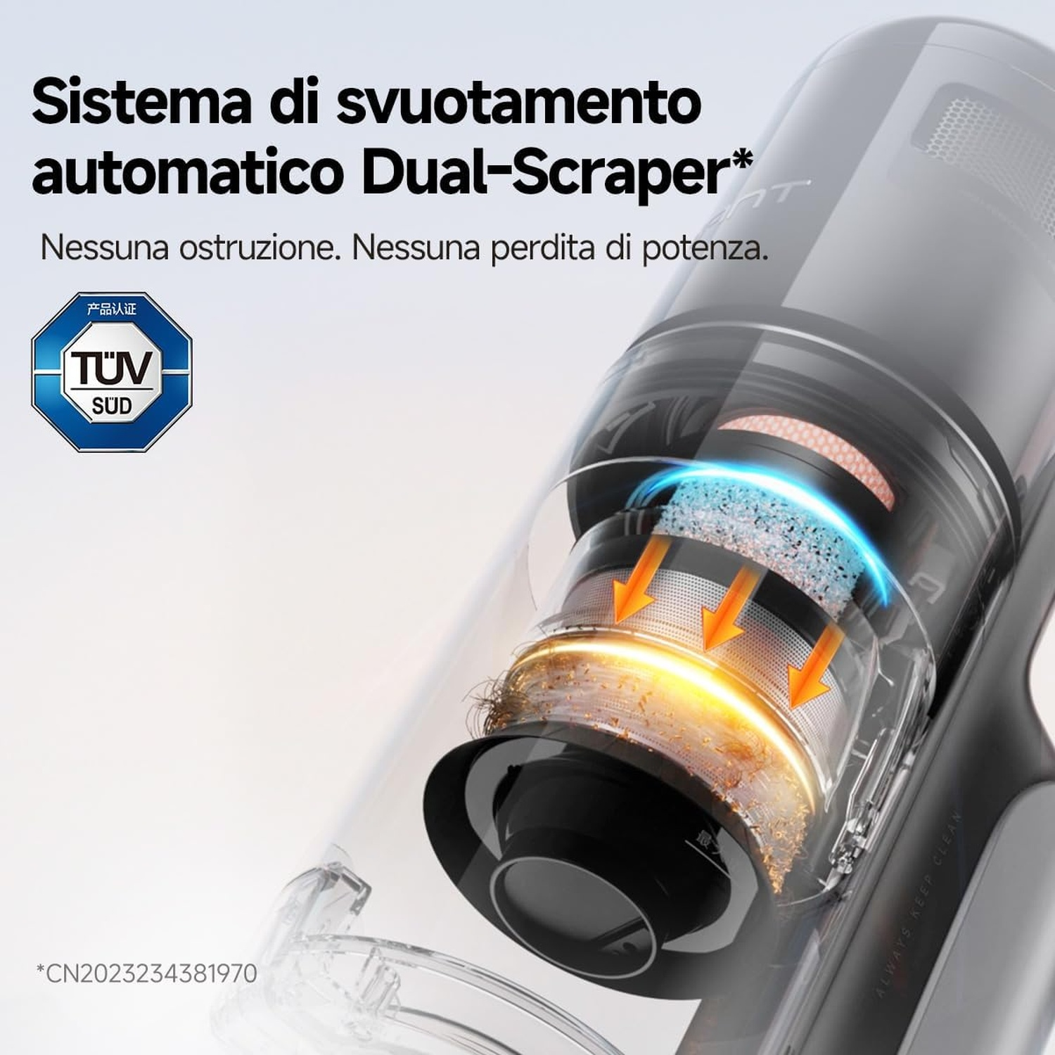 Primo piano del filtro di un aspirapolvere con sistema di svuotamento automatico e testo in italiano.