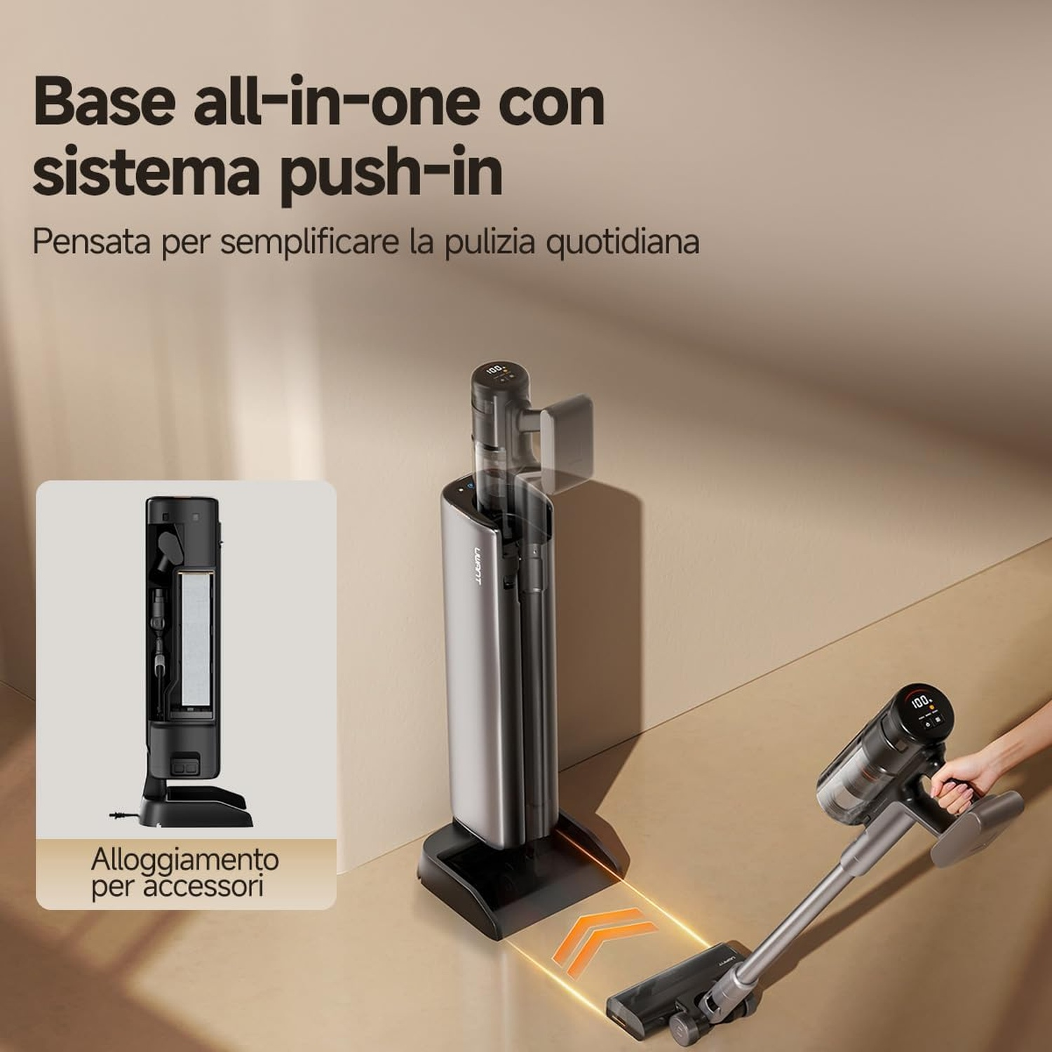 Un aspirapolvere senza fili con stazione di ricarica e supporto per accessori, accompagnato da testo promozionale.