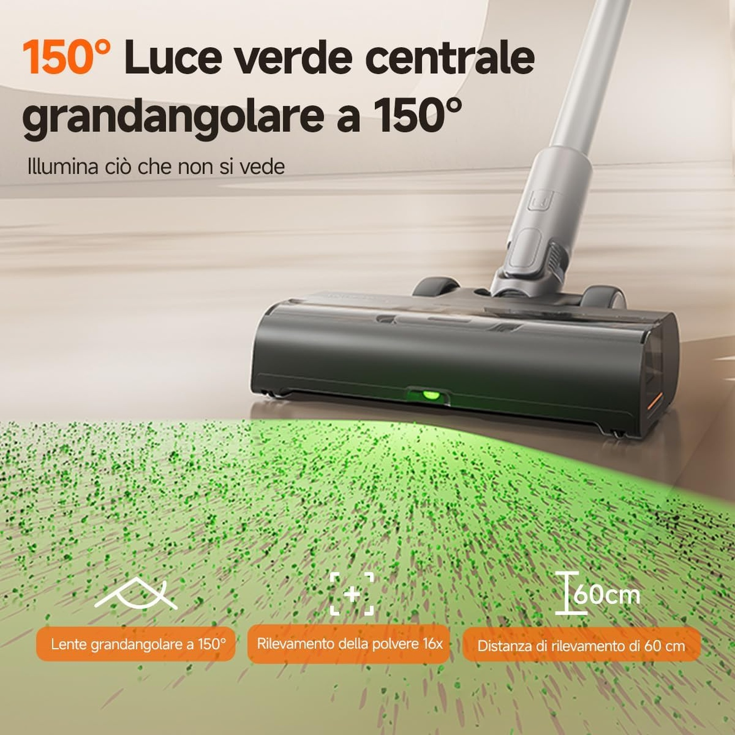 Una spazzola per aspirapolvere illumina il pavimento evidenziando la polvere.