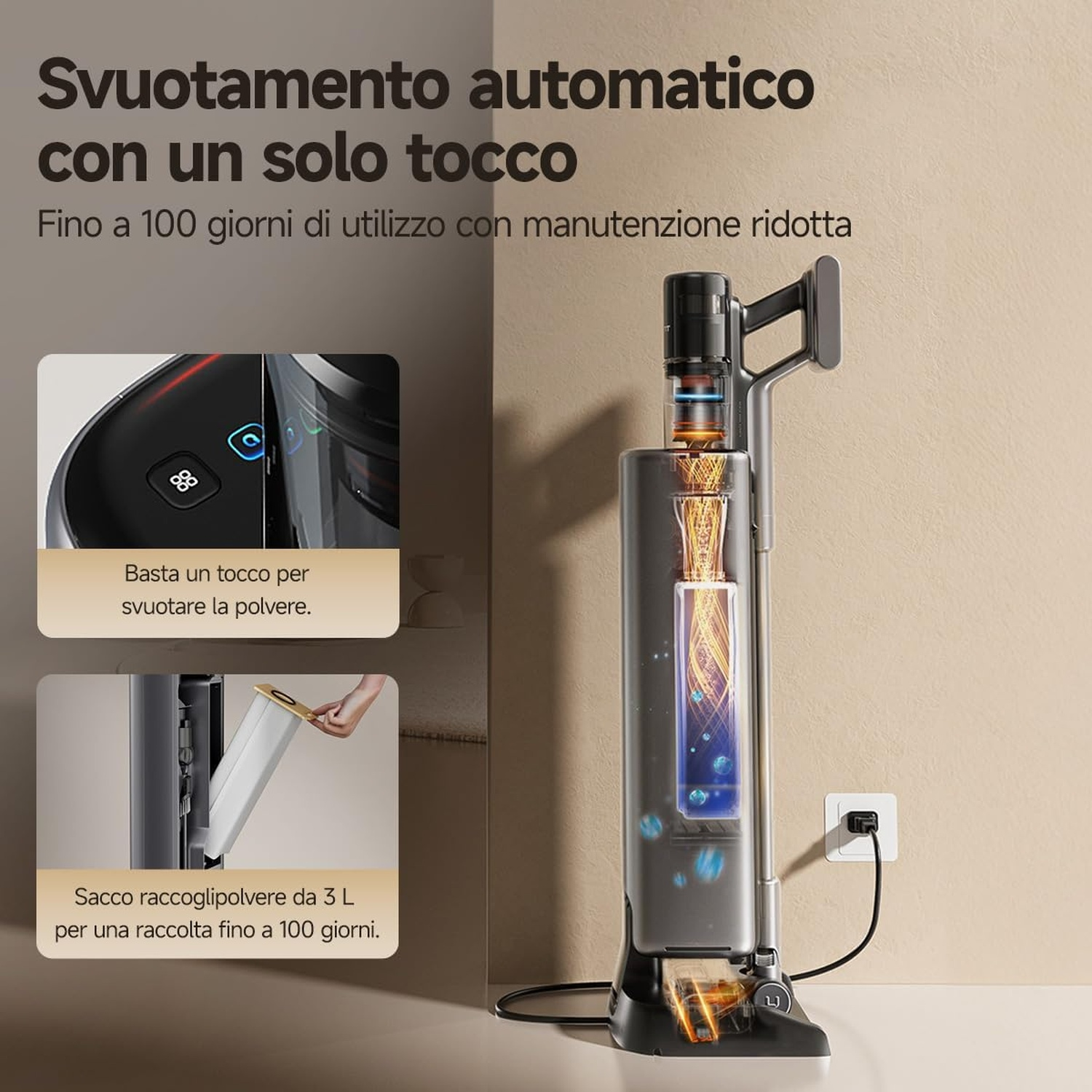 Stazione di ricarica per aspirapolvere grigia con svuotamento automatico, comandi e sacco da 3L.