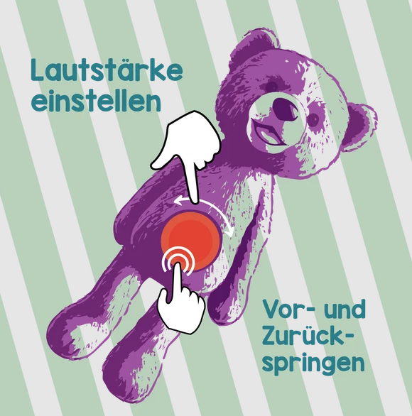 Lila Teddybär auf grünem Streifenhintergrund mit Anweisungen für Lautstärke und Navigation auf dem roten Bauch.