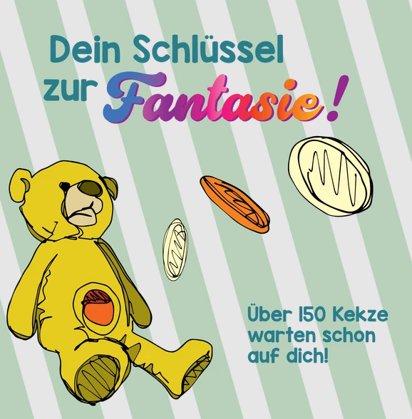 Illustration eines gelben Teddybären und fallender Kekse vor grün-weißem Hintergrund mit deutschem Werbetext.