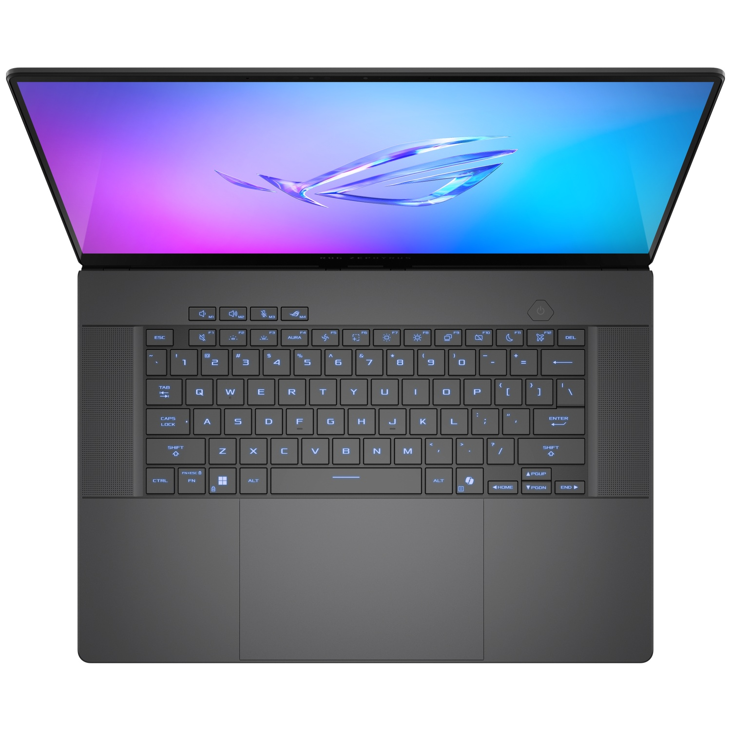 An open dark laptop featuring a backlit keyboard and a blue and purple ROG wallpaper on screen.