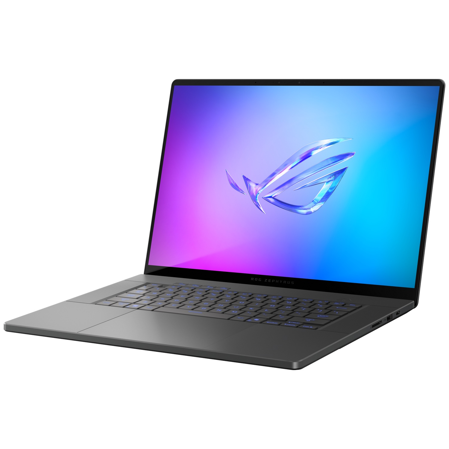 A black gaming laptop with a glowing blue and purple wallpaper on a white background.
