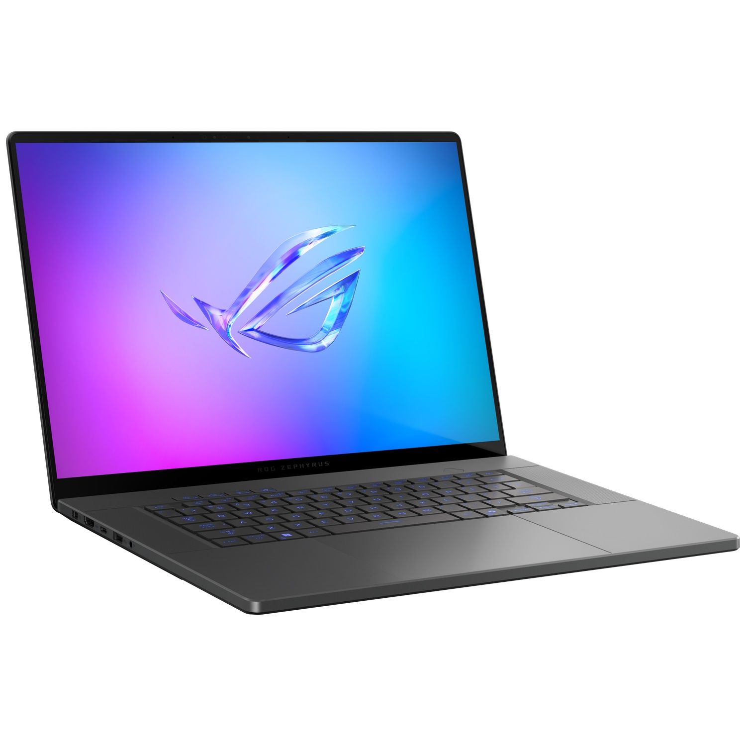 A gray laptop with a backlit keyboard and a blue and purple screen background.