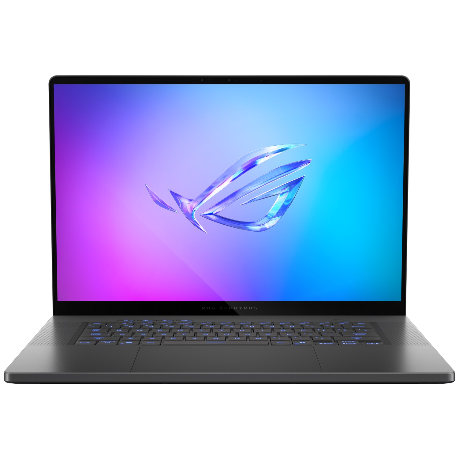 A dark laptop with a backlit keyboard and colorful wallpaper displaying an ASUS ROG logo.