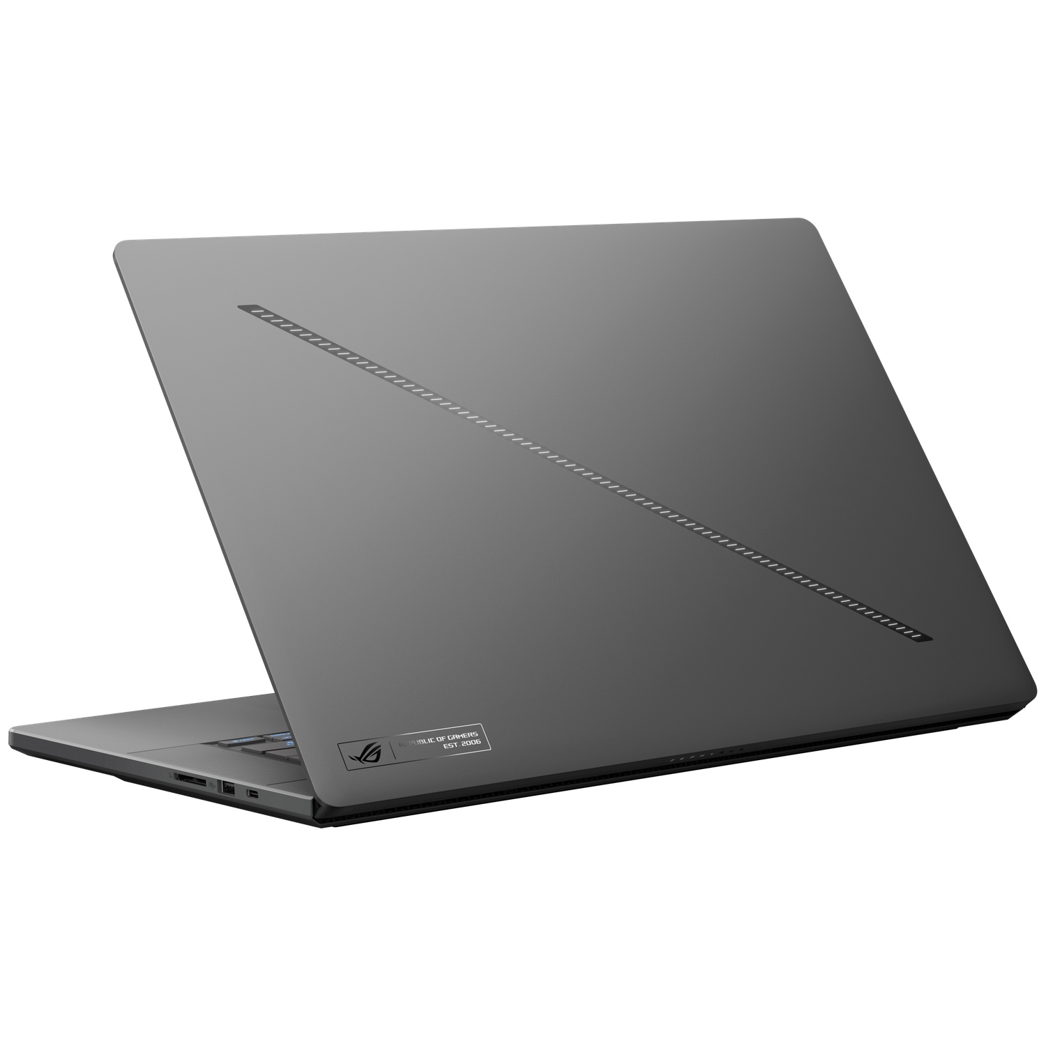 A closed gray laptop on a white background with a diagonal light strip across the lid.