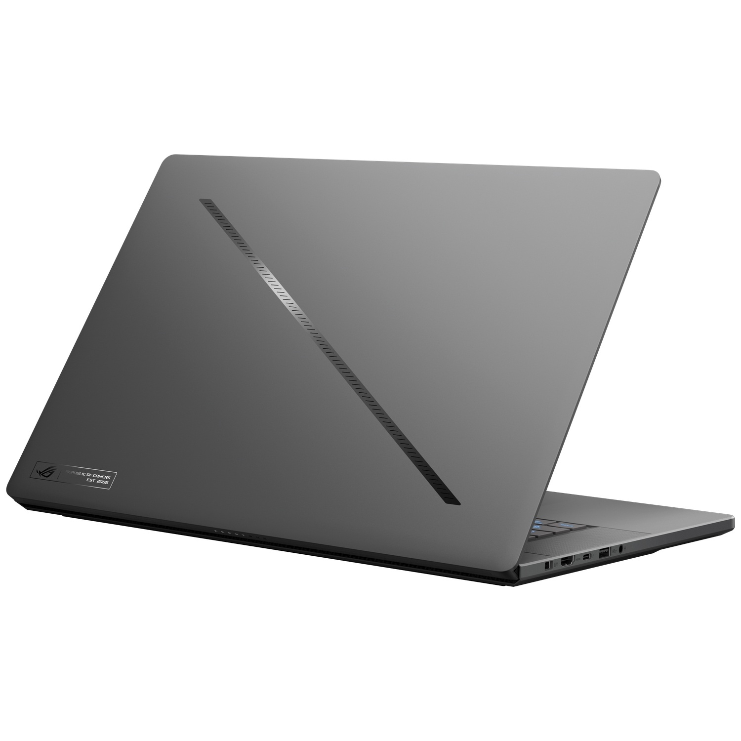A closed grey gaming laptop with a diagonal LED light strip on the lid against a white background.