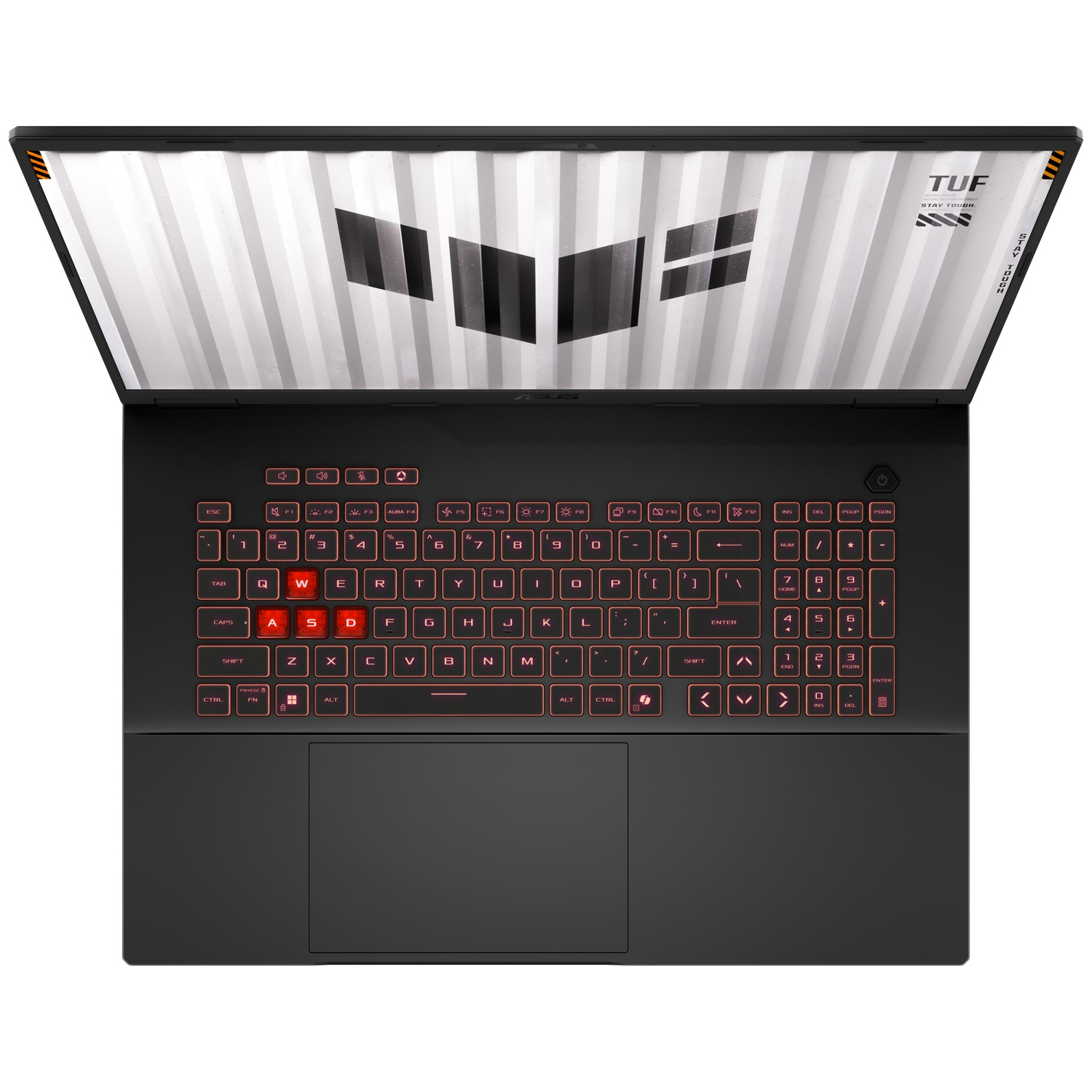 Top view of a black laptop with backlit keyboard and highlighted WASD keys.