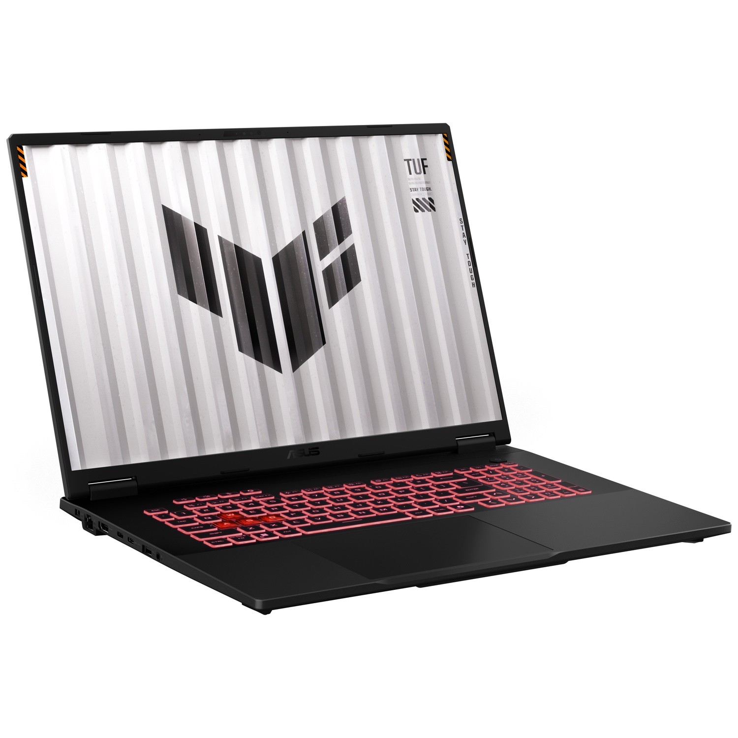A black Asus TUF gaming laptop with red backlit keyboard and the TUF logo displayed on the screen.