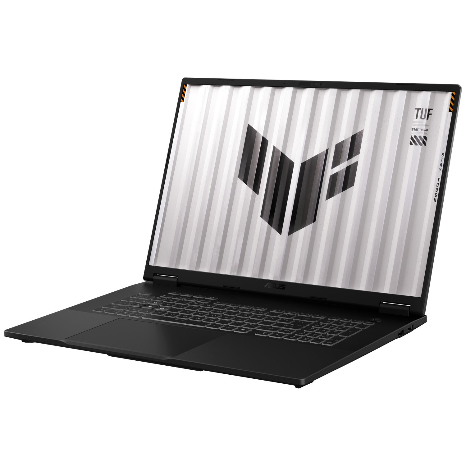 A black Asus TUF laptop stands open against a white background, displaying a white and black geometric logo.