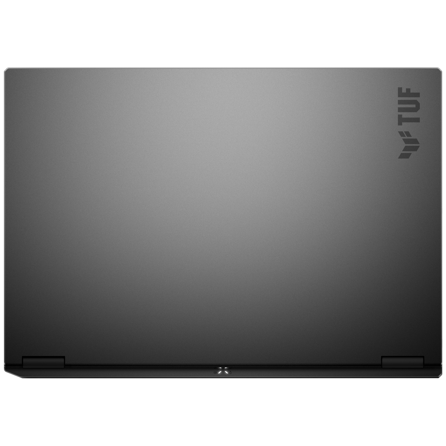 Closed dark gray laptop with TUF logo in the upper right corner and two hinges along the bottom edge.