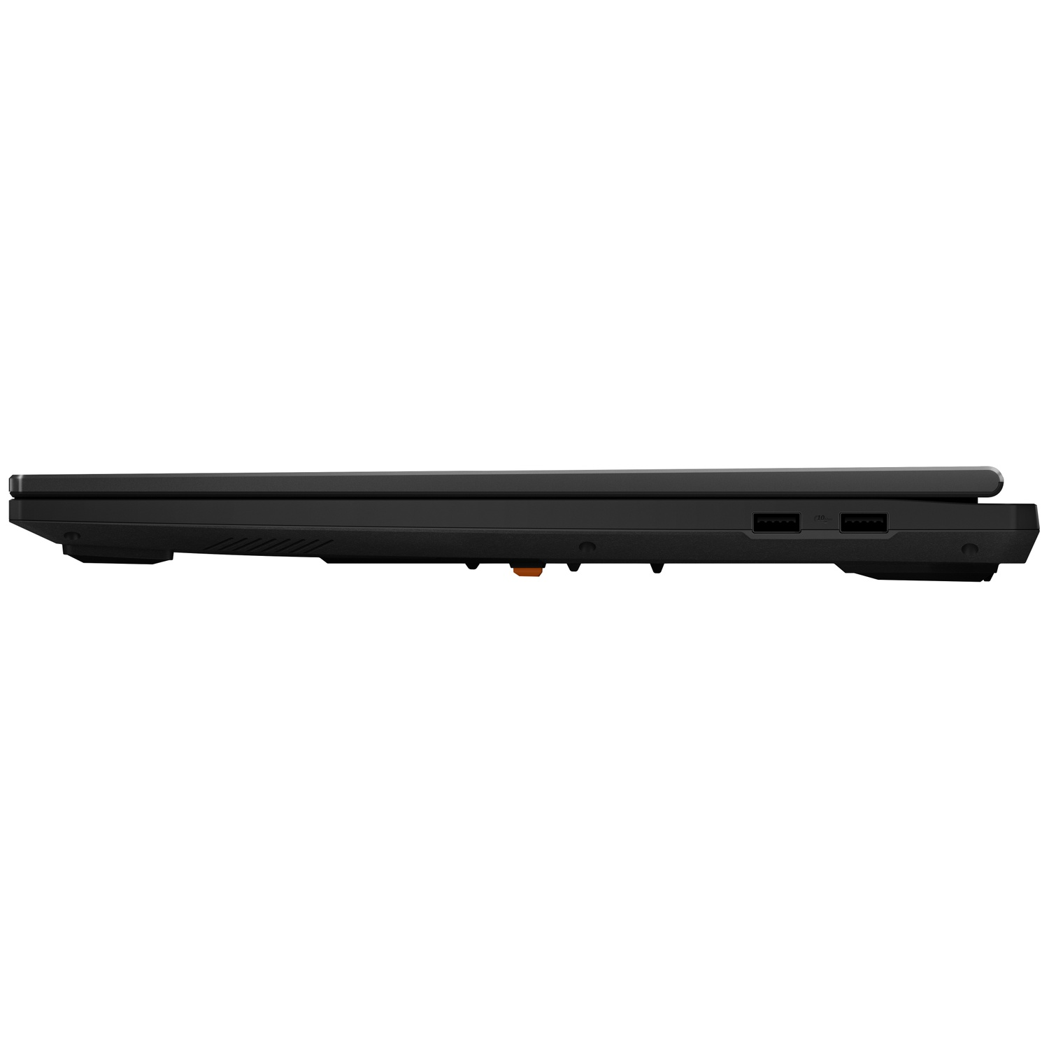 Side view of a black laptop showing USB ports, set against a plain white background.