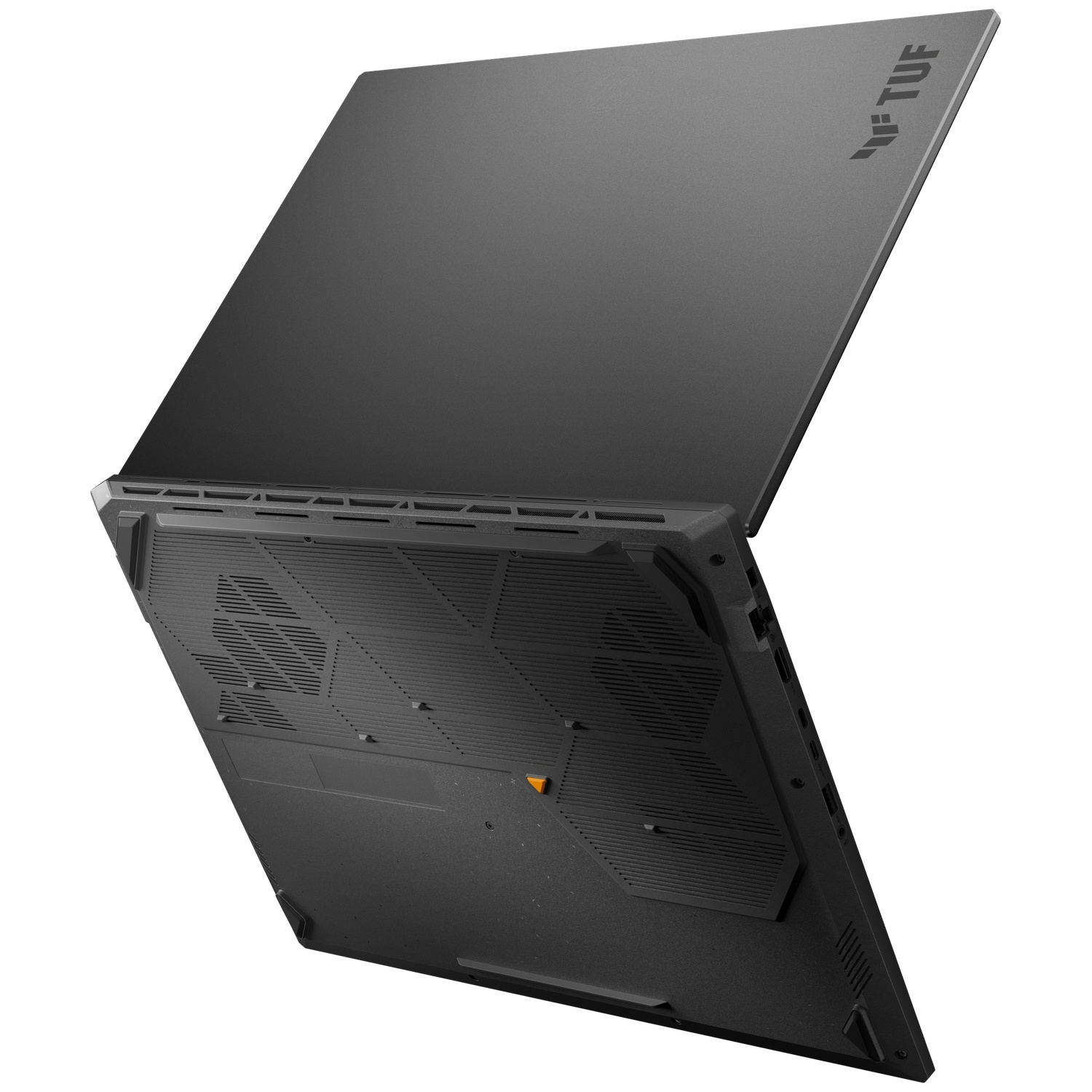 Grey Asus TUF laptop, shown from bottom and side, with open screen.