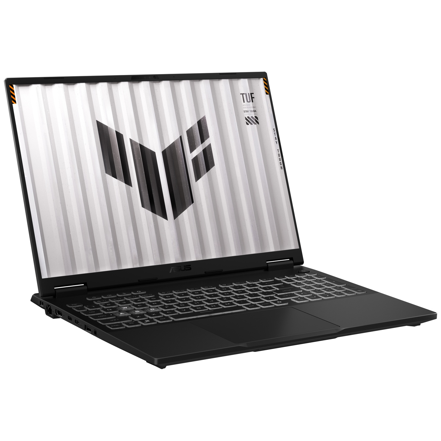A black ASUS TUF gaming laptop displays a white and black screen with the TUF logo on a bright background.