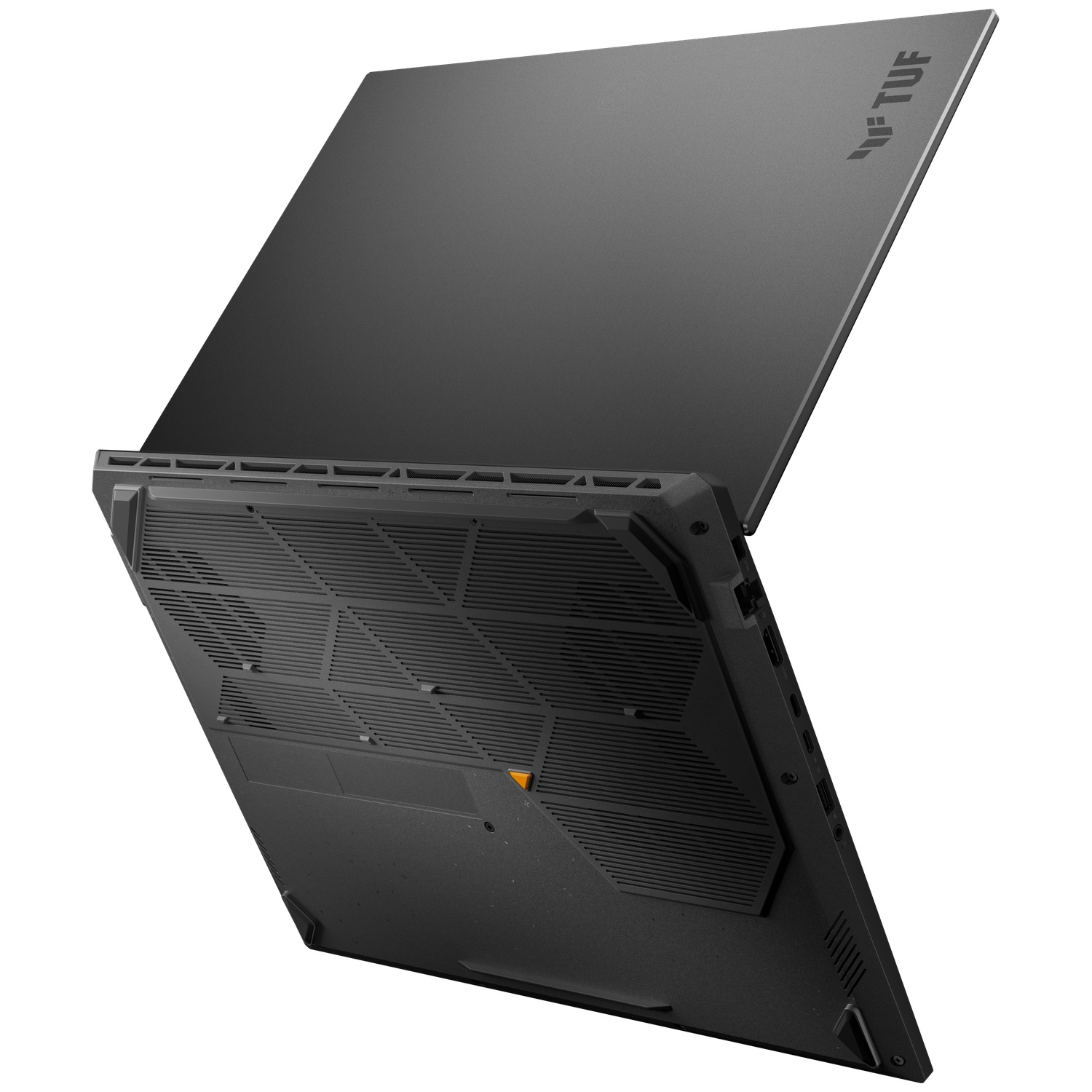 Bottom and lid view of a black ASUS TUF gaming laptop with textured vents and logo.