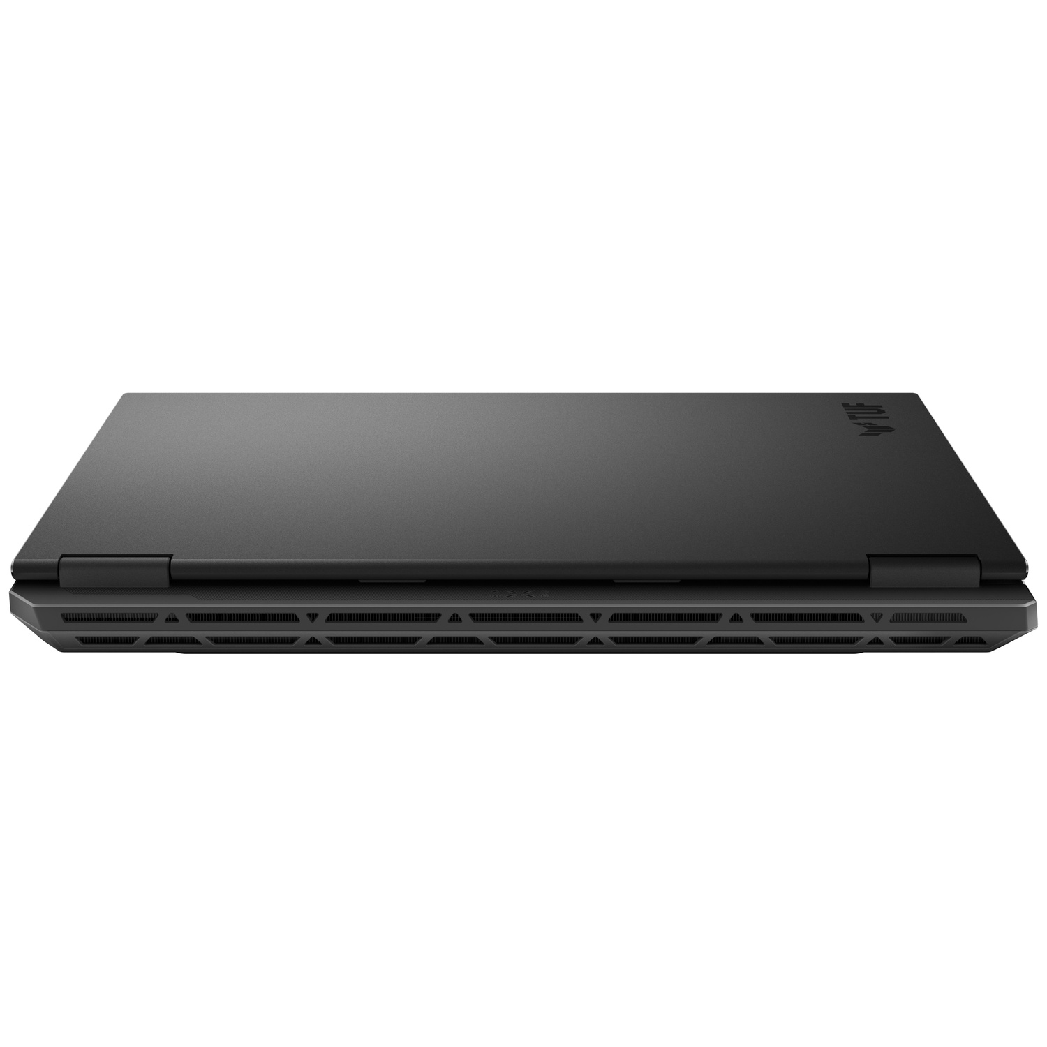 Closed black laptop viewed from behind, showing ventilation grills and TUF logo.