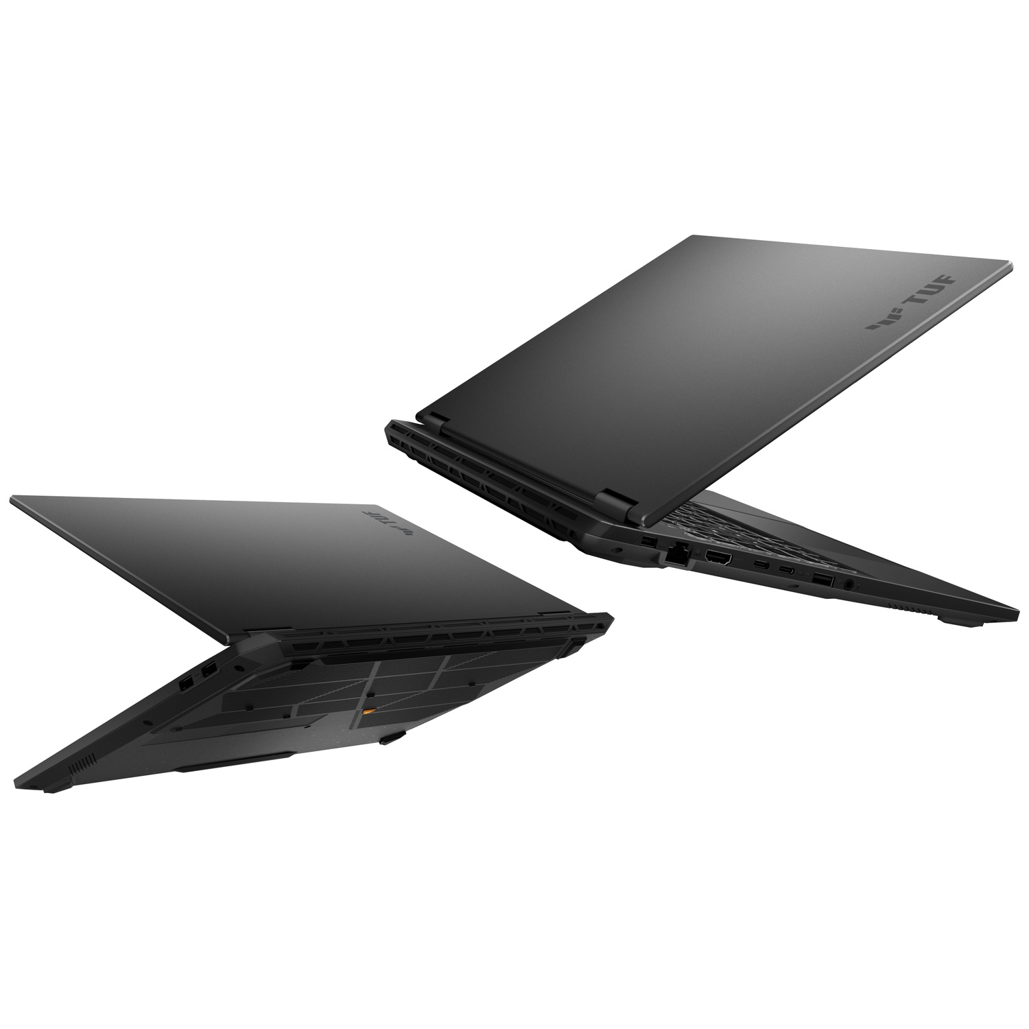 Two black ASUS TUF gaming laptops shown from different angles against a white background.