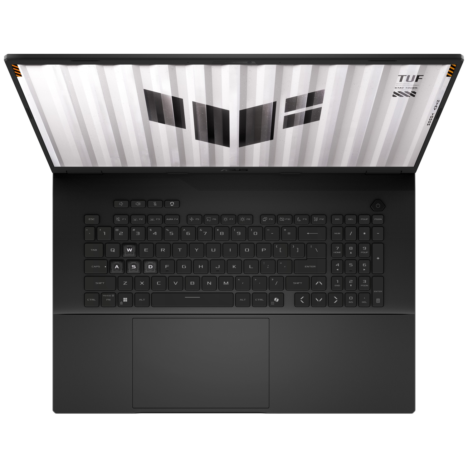 Top view of a black ASUS TUF gaming laptop with an open screen and illuminated keyboard.