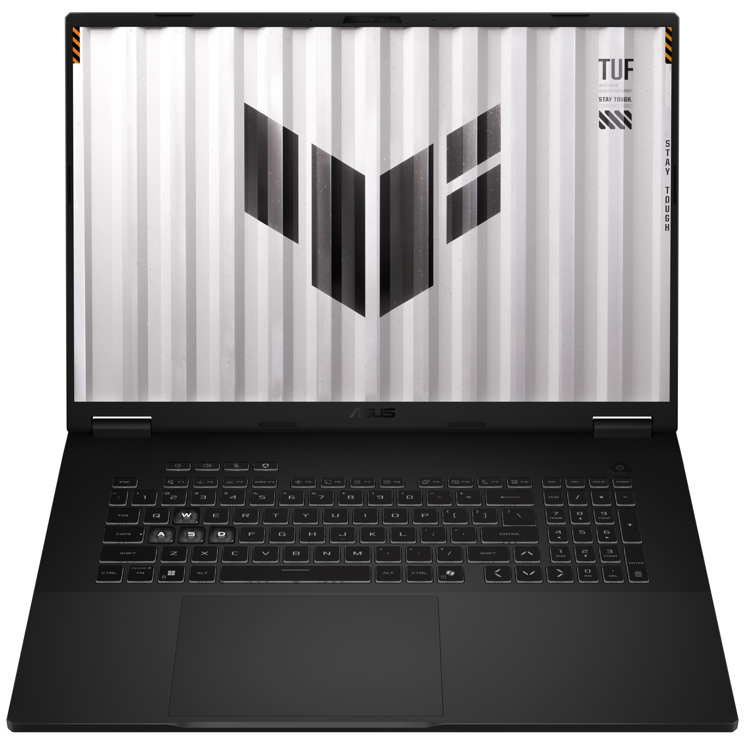 Black laptop with TUF gaming wallpaper on screen and QWERTY keyboard.