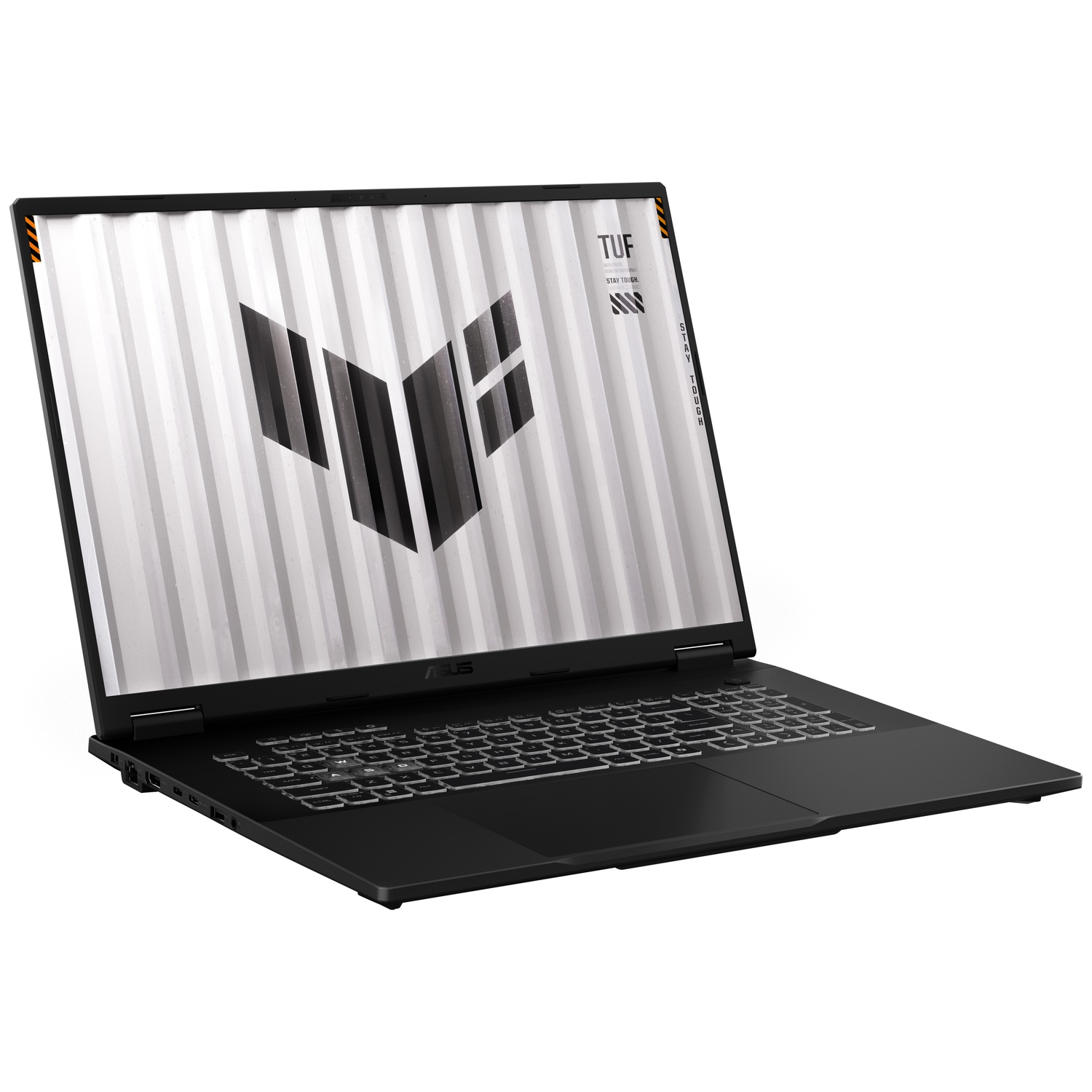 Black Asus TUF gaming laptop on a white background displaying a TUF wallpaper.