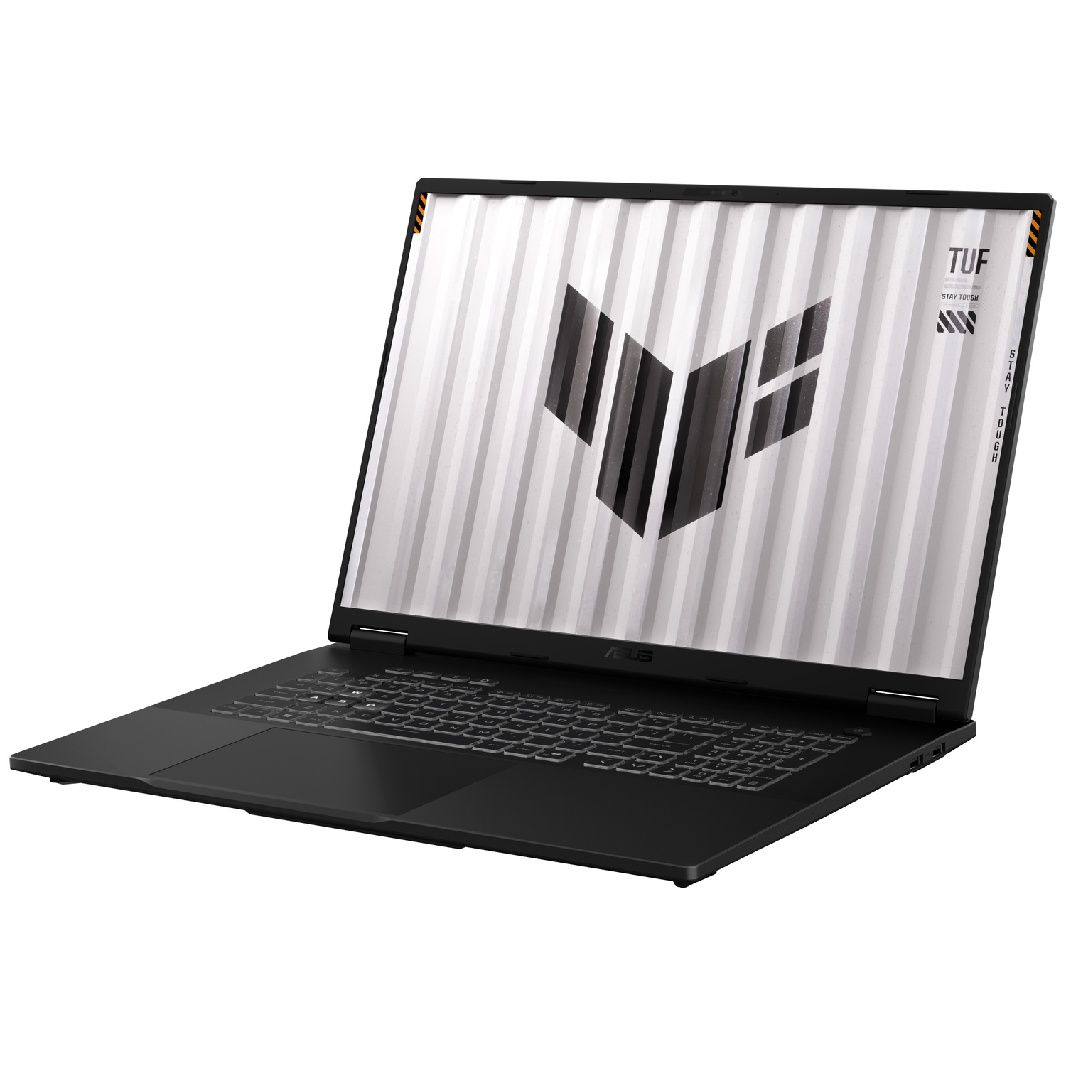 Black Asus TUF gaming laptop featuring a bright screen with the TUF logo.