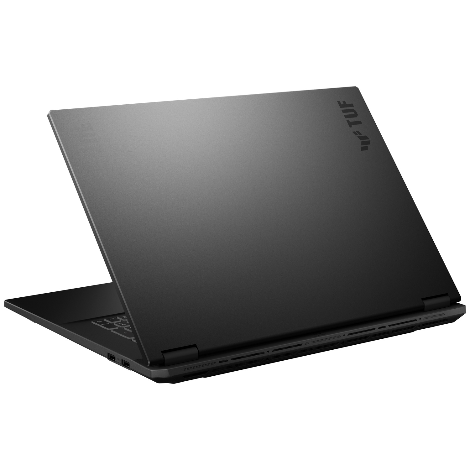 A black Asus TUF laptop is shown slightly open on a white surface.