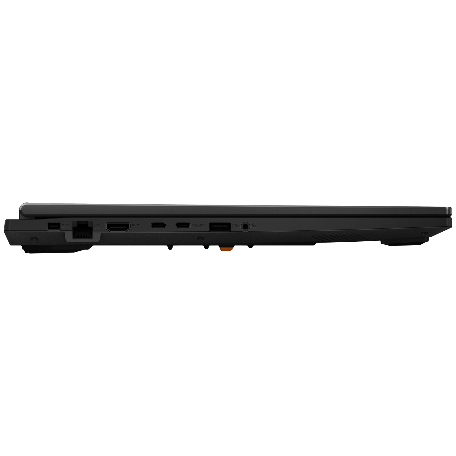Side view of a black laptop showing various ports including Ethernet, HDMI, and USB.