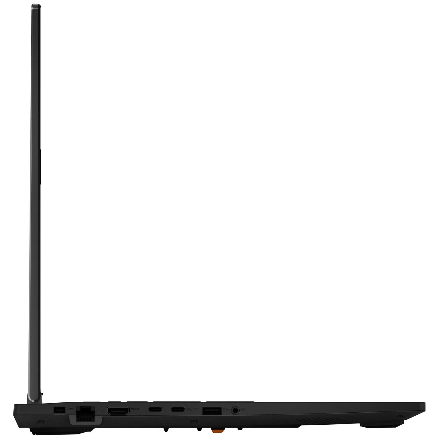 Left side profile of a black laptop showing various ports like HDMI, USB, and Ethernet against a white background.
