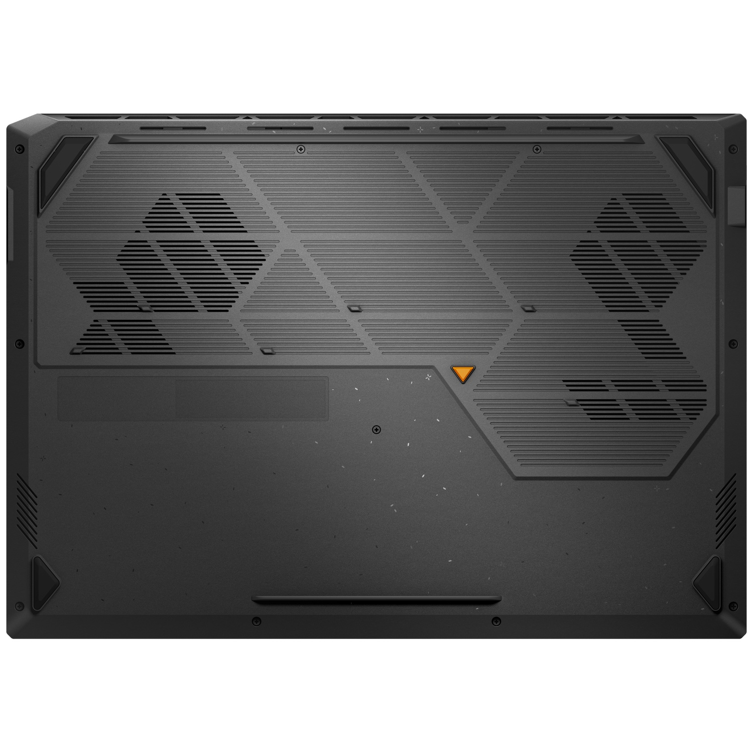 Bottom view of a black laptop with cooling vents, rubber feet, and screws visible.