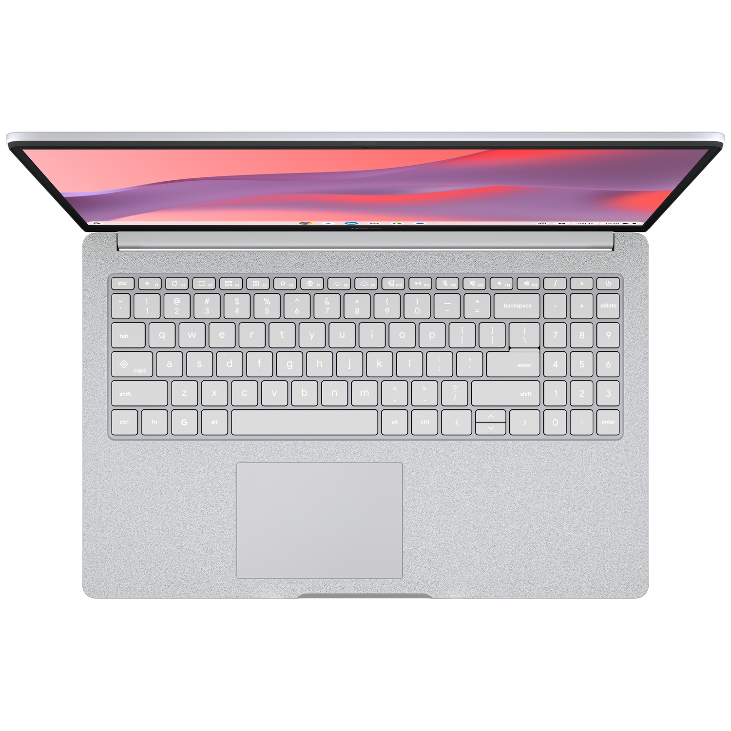 Top view of a silver laptop with a QWERTY keyboard, trackpad, and colorful screen.