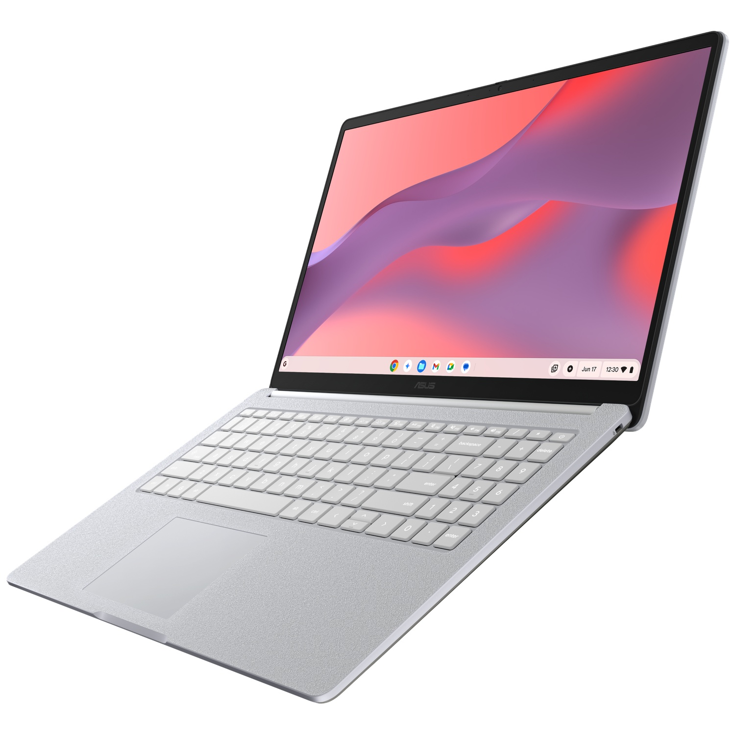 An open silver laptop angled view, showing a colorful abstract screen wallpaper and a textured keyboard against a white background.